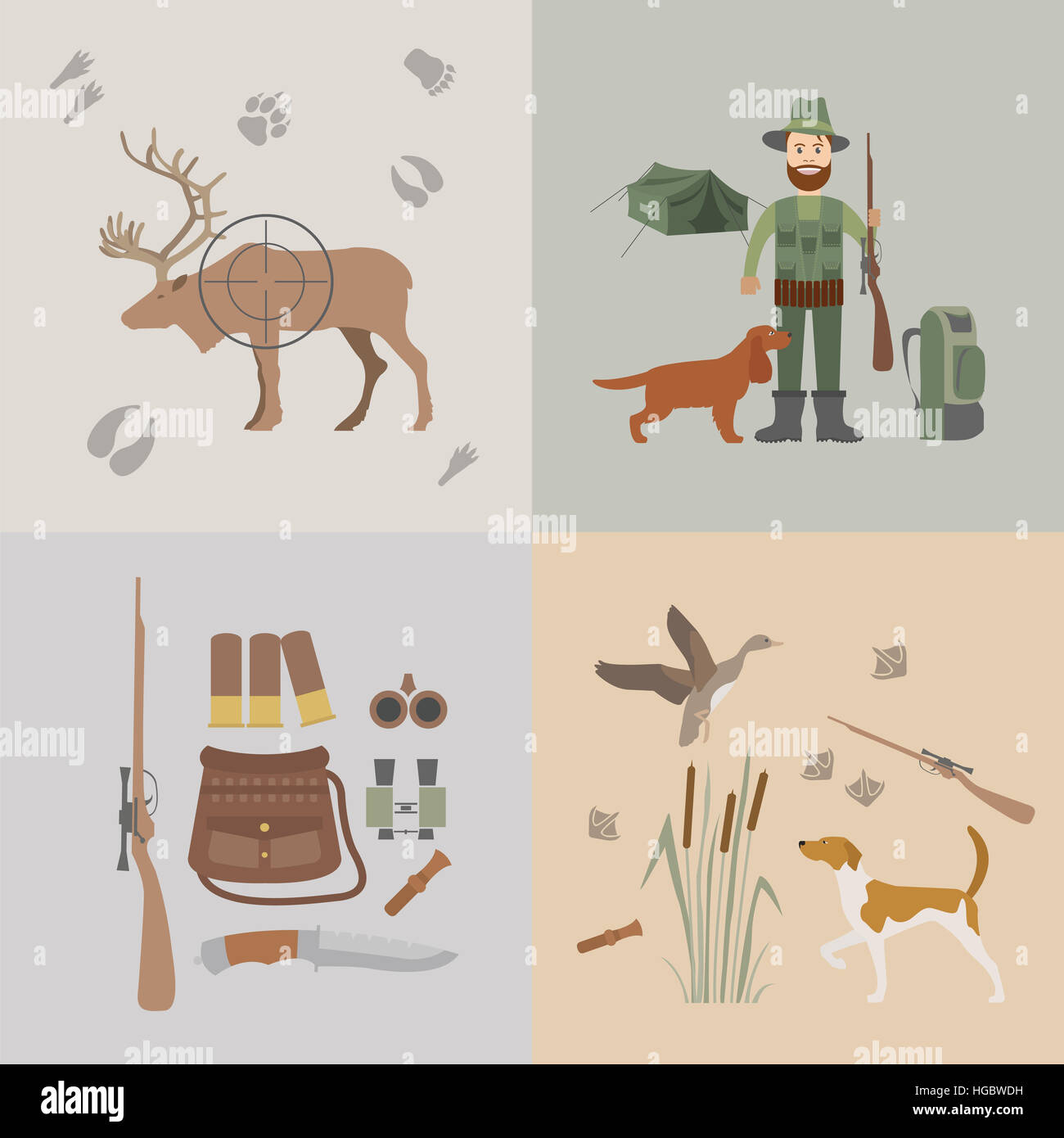 Hunting icon set. Dog hunting, equipment. Flat style. Vector illustration Stock Photo Alamy