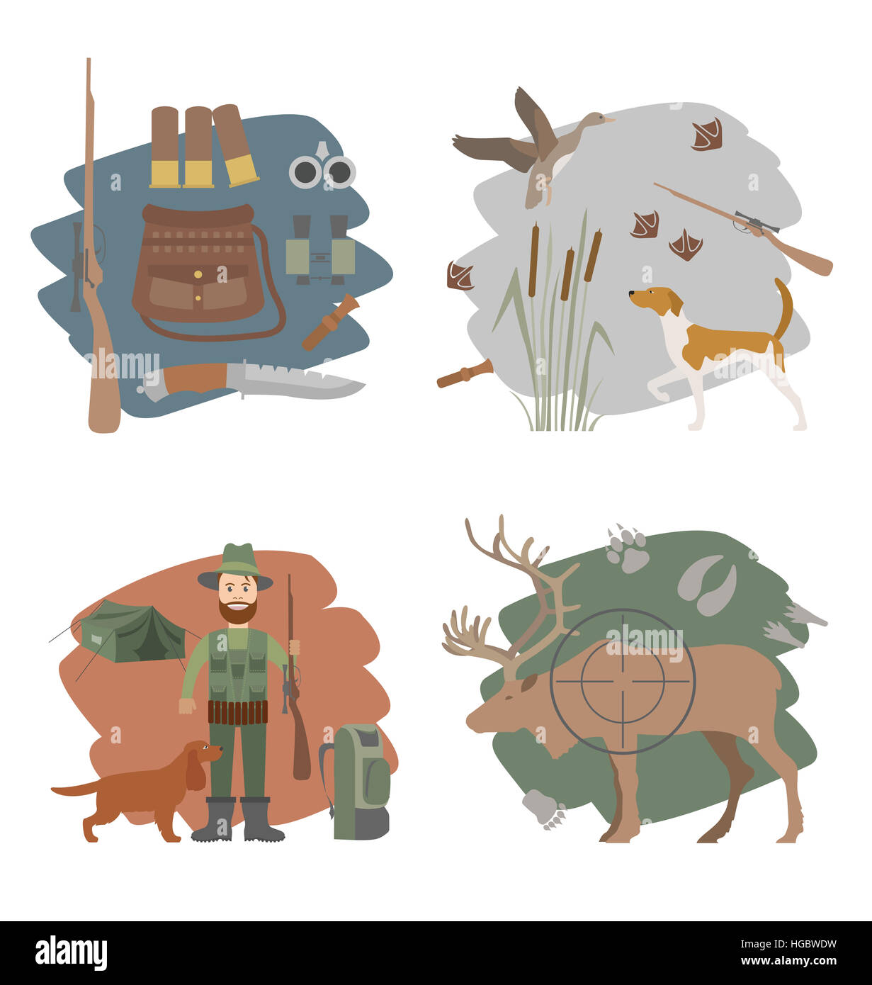 Hunting icon set. Dog hunting, equipment. Flat style. Vector
