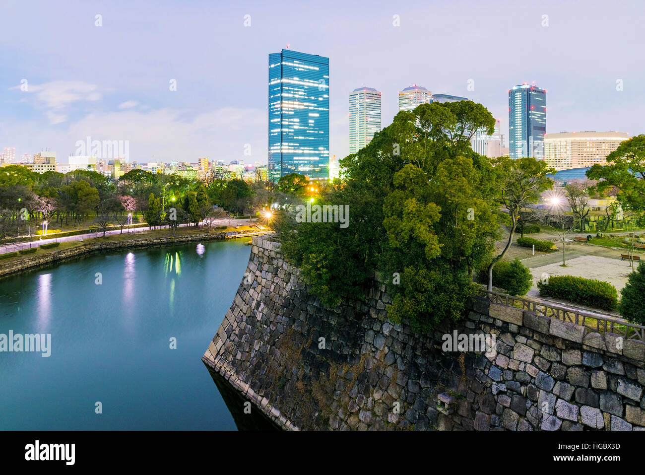view of Osaka business park from Himeji castle with city buildings and river moat Stock Photo
