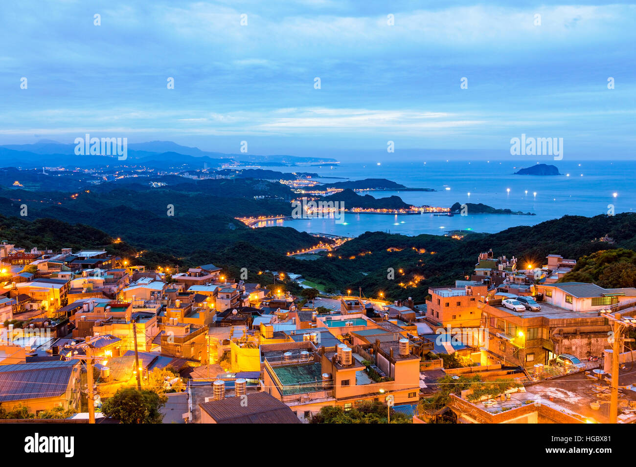 Houses and hills at night in Jiufen Taiwan Stock Photo