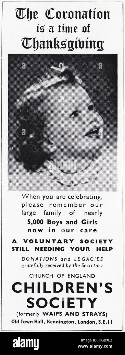 1950s advert advertising from original old vintage English magazine dated 1953 advertisement for Children's Society charity celebrating the coronation of Queen Elizabeth II Stock Photo