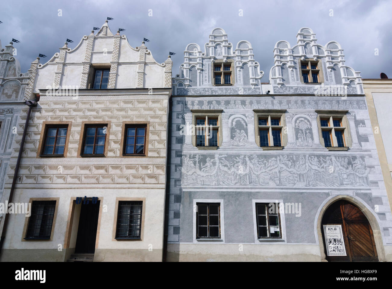 Slavonice (Zlabings): Houses with sgraffiti on Horni Namesti, on the right the Lutheran prayer house with scenes from the Apocalypse of John, , Jihoce Stock Photo
