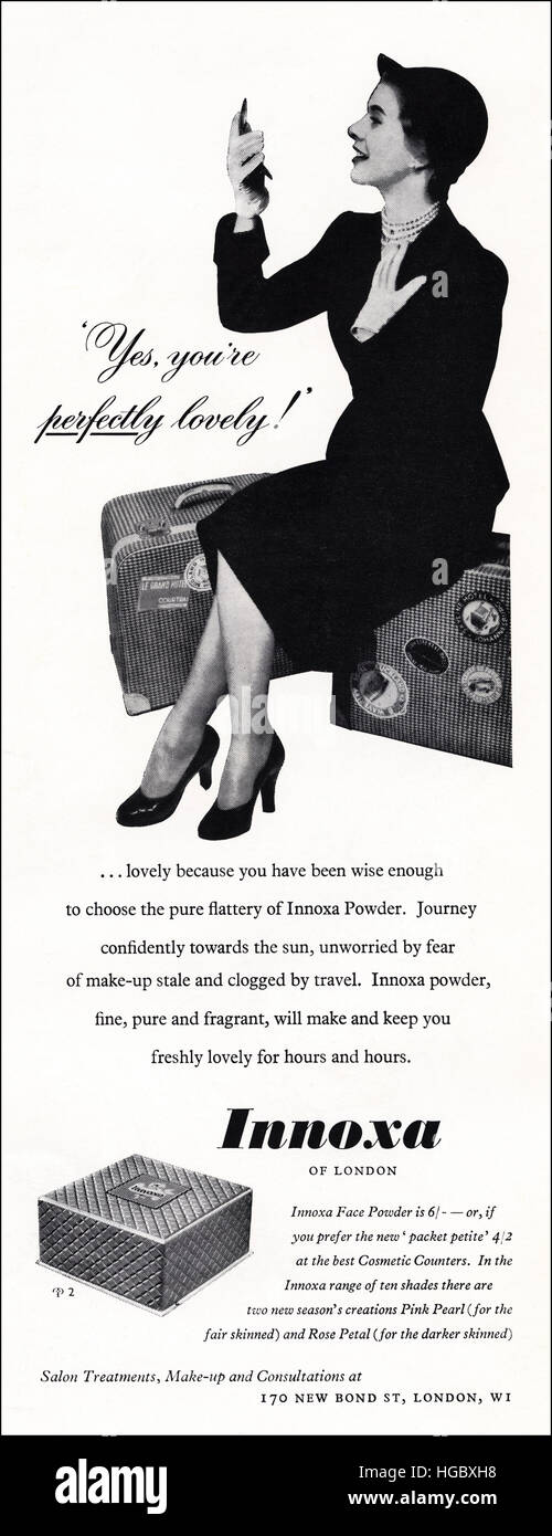 1950s advertising advert from original old vintage English magazine dated 1953 advertisement for face powder by Innoxa of London Stock Photo