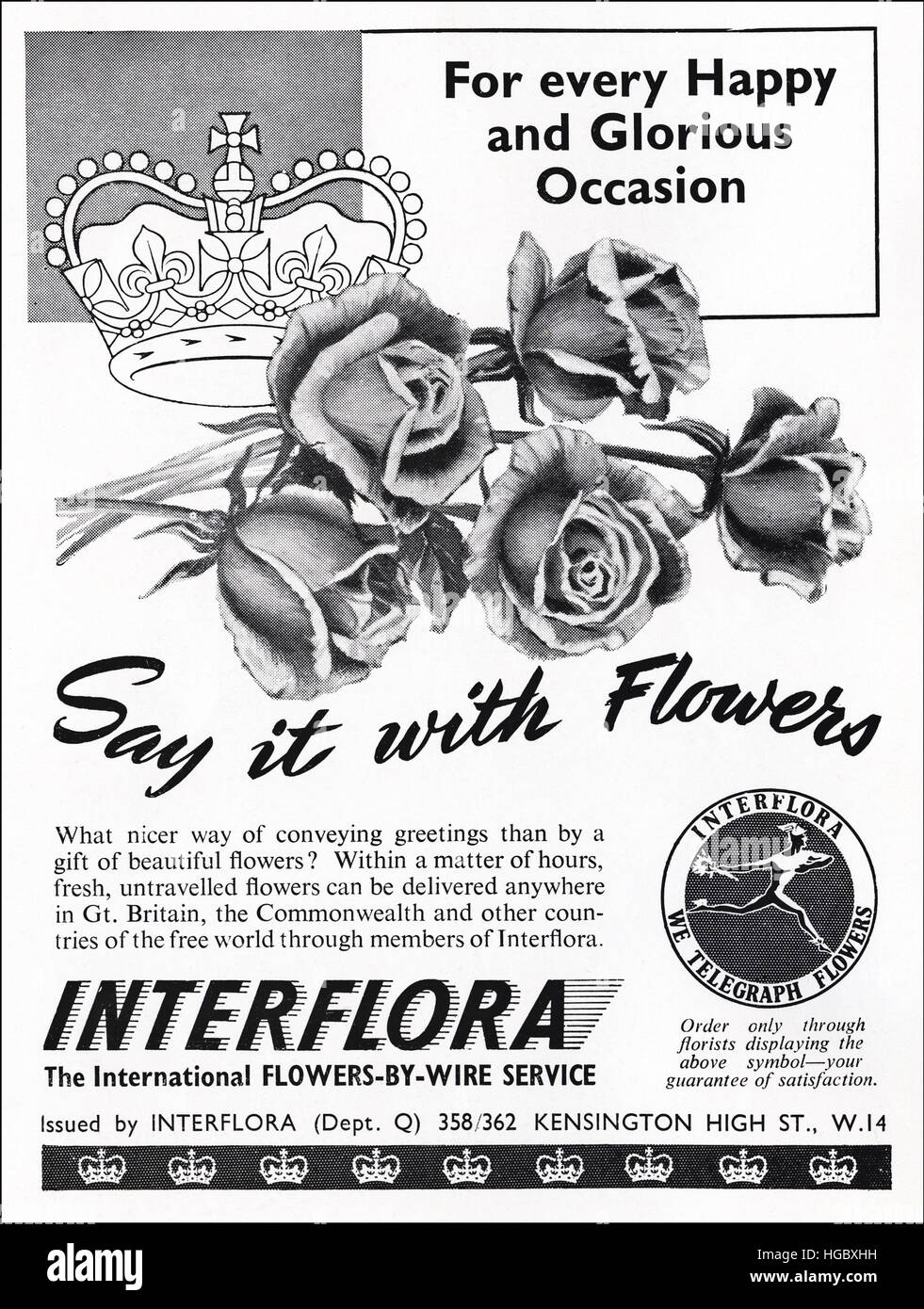 1950s advert advertising from original old vintage English magazine dated 1953 advertisement for Interflora celebrating the coronation of Queen Elizabeth II Stock Photo