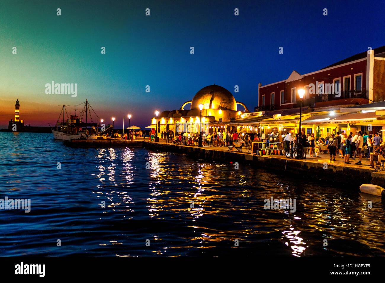Chania Venetian harbour Evening lights Chania Crete Greece Sunset Stock Photo