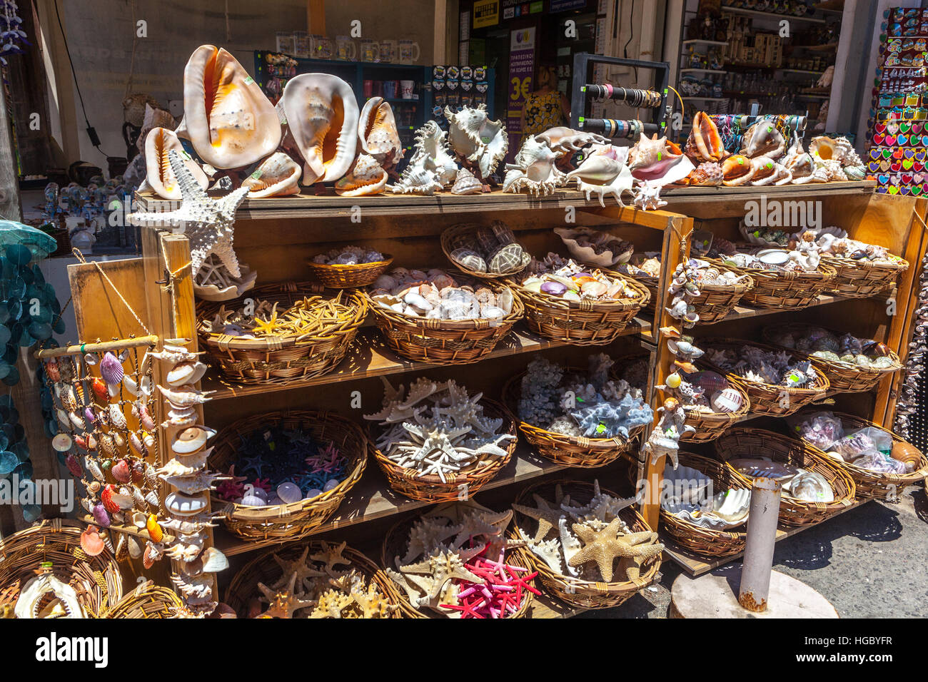 Souvenir stand in the old town offering products from the sea, Chania, Crete, Greece Stock Photo