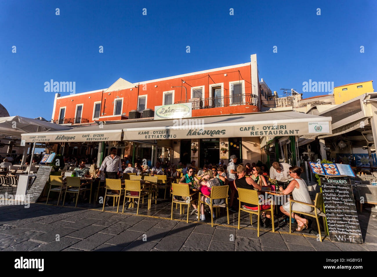 Chania bar Crete, Greece, Old Venetian harbour Stock Photo