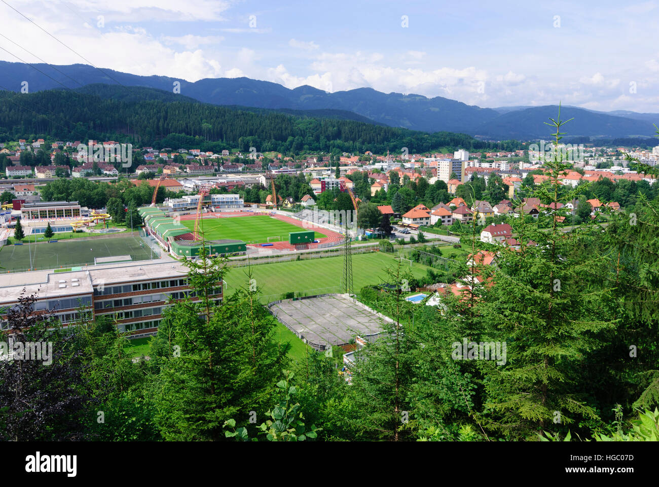 Kapfenberg: View of Kapfenberg with the Franz-Fekete Stadium, Obere Steiermark, Steiermark, Styria, Austria Stock Photo