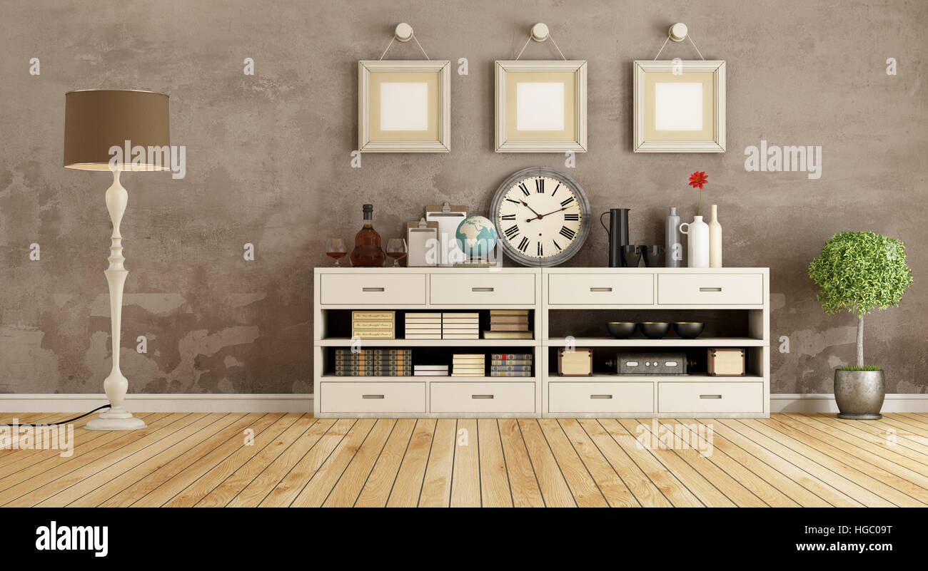 Retro room with white sideboard and vintage objects - 3d rendering Stock Photo