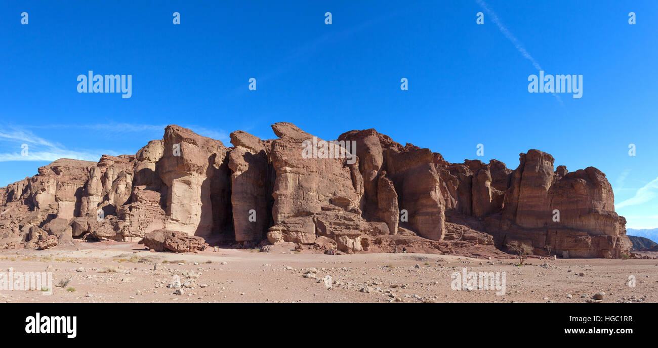 Solomon's pillars at Timna valley - Panoramic image Stock Photo