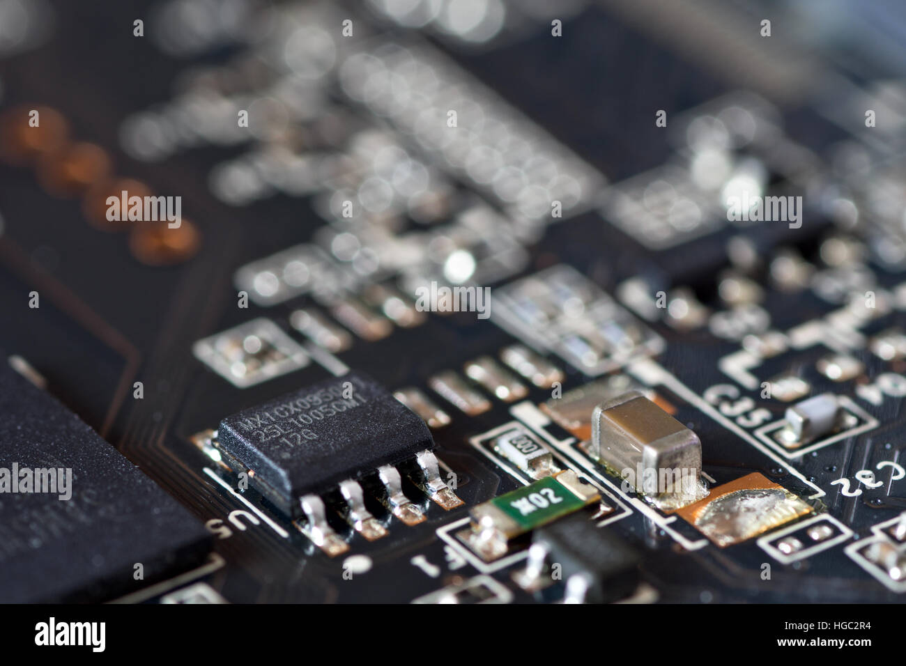 Integral circuit mounted on circuit board close-up Stock Photo
