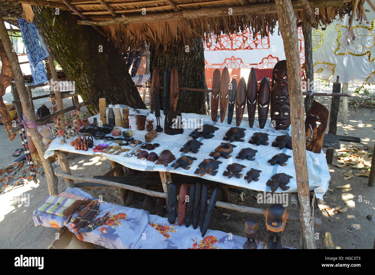 Wooden handicrafts for sale in a village called Ampasipohy near Lokobe Reserve, in Nosy Be, Madagascar. Stock Photo