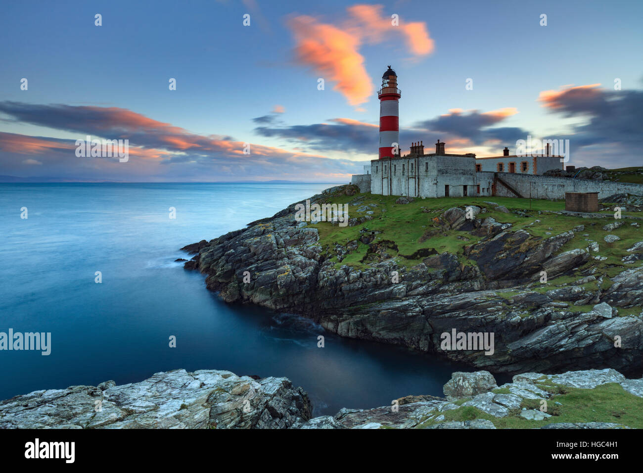 Sunset at Eilean Glas Lighthouse on the Isle of Scalpay in the Outer Hebrides Stock Photo