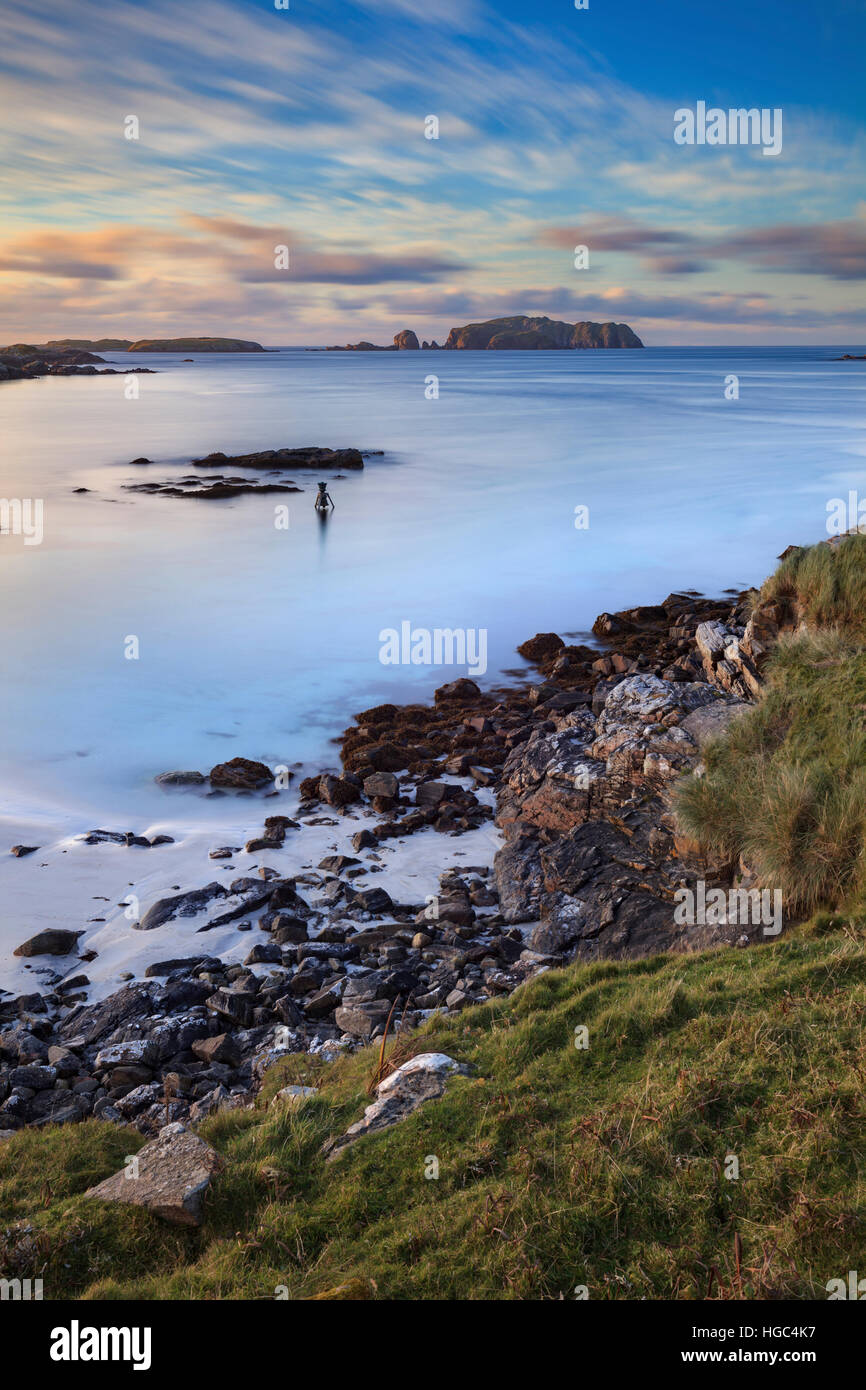 The Bosta Bell in Bosta Bay on Great Bernera in the Outer Hebrides captured from the cliff top above the beast. Stock Photo