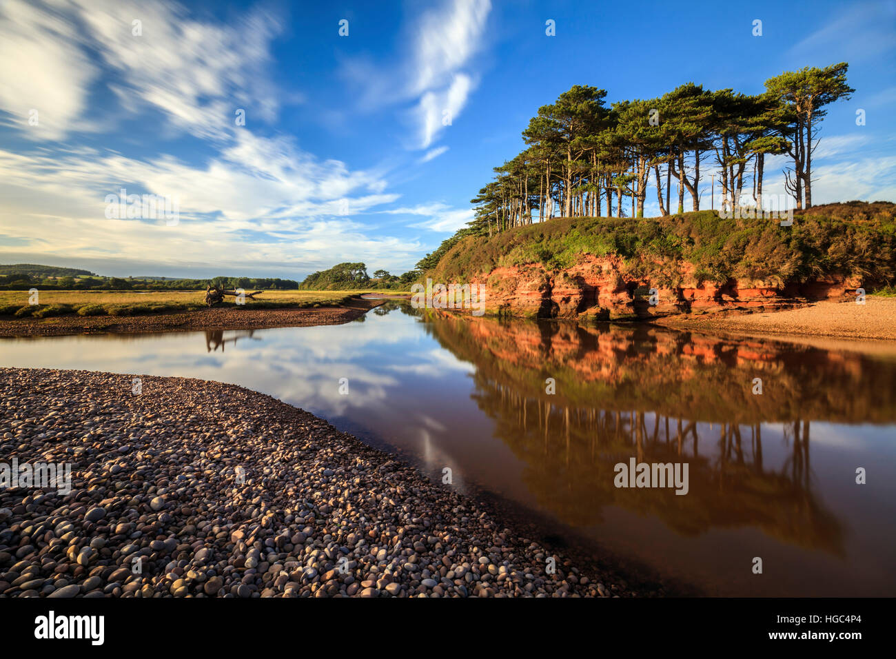Tree's reflected in the River Otter at Budleigh Salterton in South East Devon Stock Photo