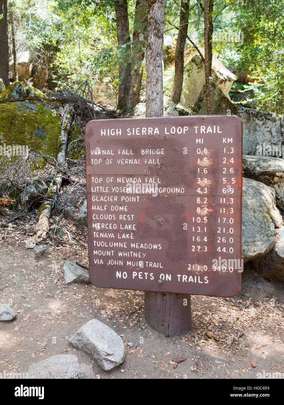 Distances sign at the beginning of High Sierra Loop Trail in Yosemite National Park Stock Photo