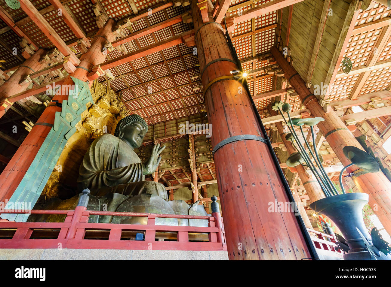 Nara, DEC 17: Interior of the historical Horyu Ji (Temple of the Flourishing Law) on DEC 17, 2016 at Nara, Japan Stock Photo
