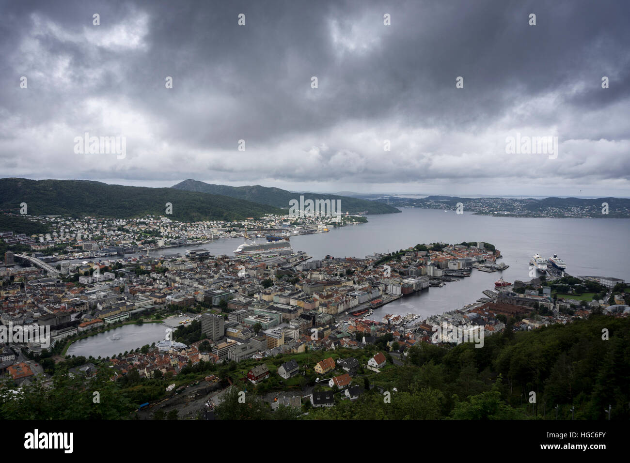 View of Bergen, Norway from Mount Floyen with P & O Brittania in dock Stock Photo