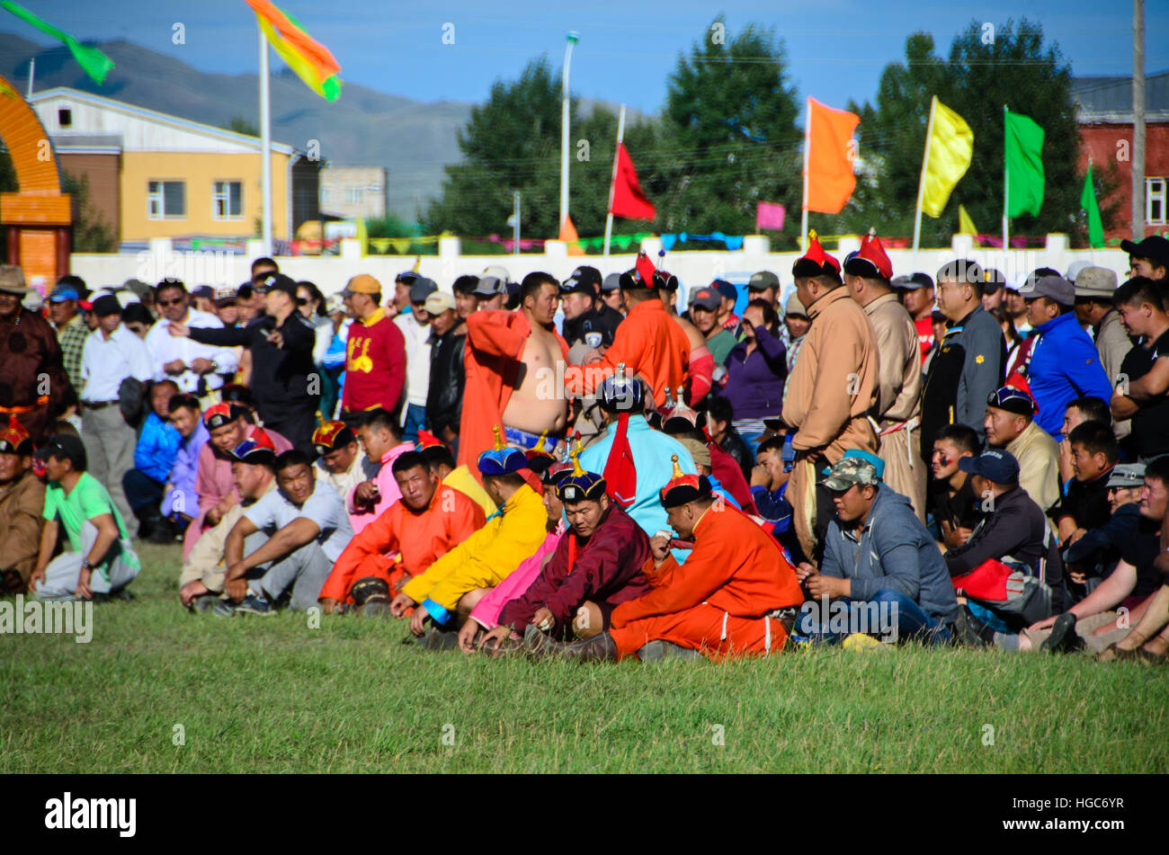 Audiences and wrestling teams at Nadaam festival in Moron. Stock Photo