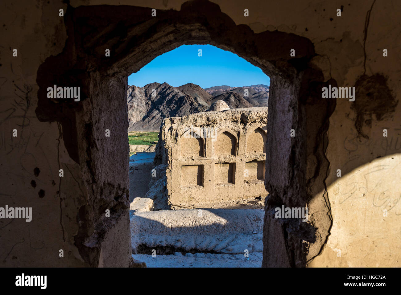 Inside the mudbrick house in old, abandoned part of Kharanaq village in Ardakan County, Yazd Province, Iran Stock Photo