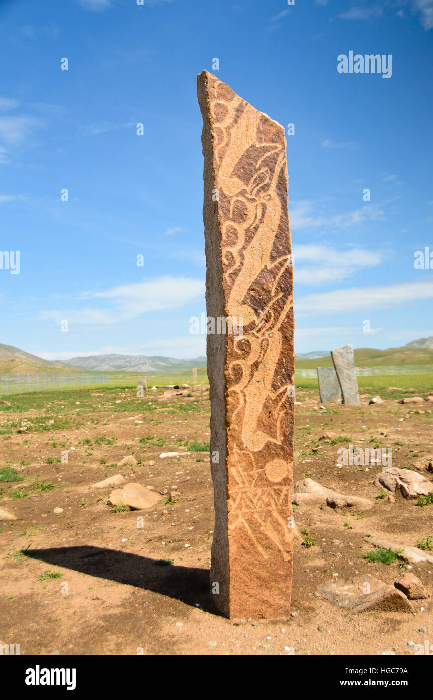 Deer stones or Uushigiin Uver, the bronze age site near Moron, Mongolia Stock Photo