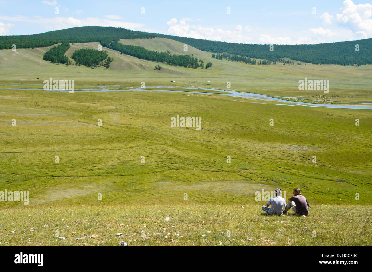 The viewpoint of summer time grassland and Taiga forest near Khatgal Stock Photo
