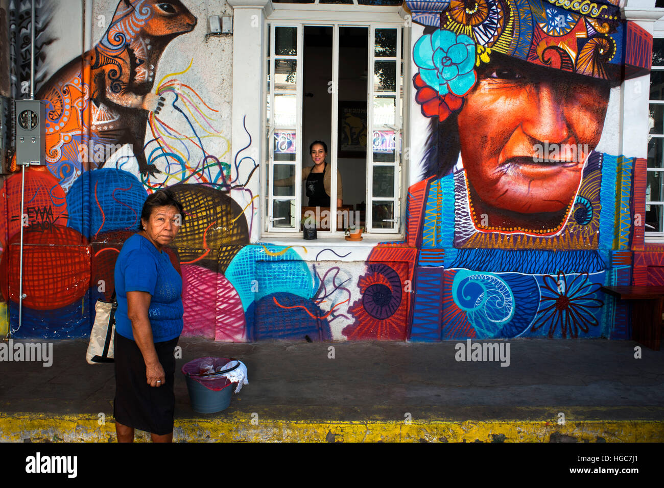 Graffiti wall and street scene in La Paz, Sea of Cortez, Baja California, Mexico. Stock Photo