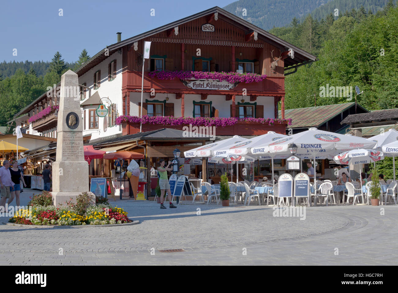 Popular hotel and restaurant Hotel Königsee, Königsee, Berchtesgaden, Bavaria, Germany, on a sunny and warm summer's day. Stock Photo