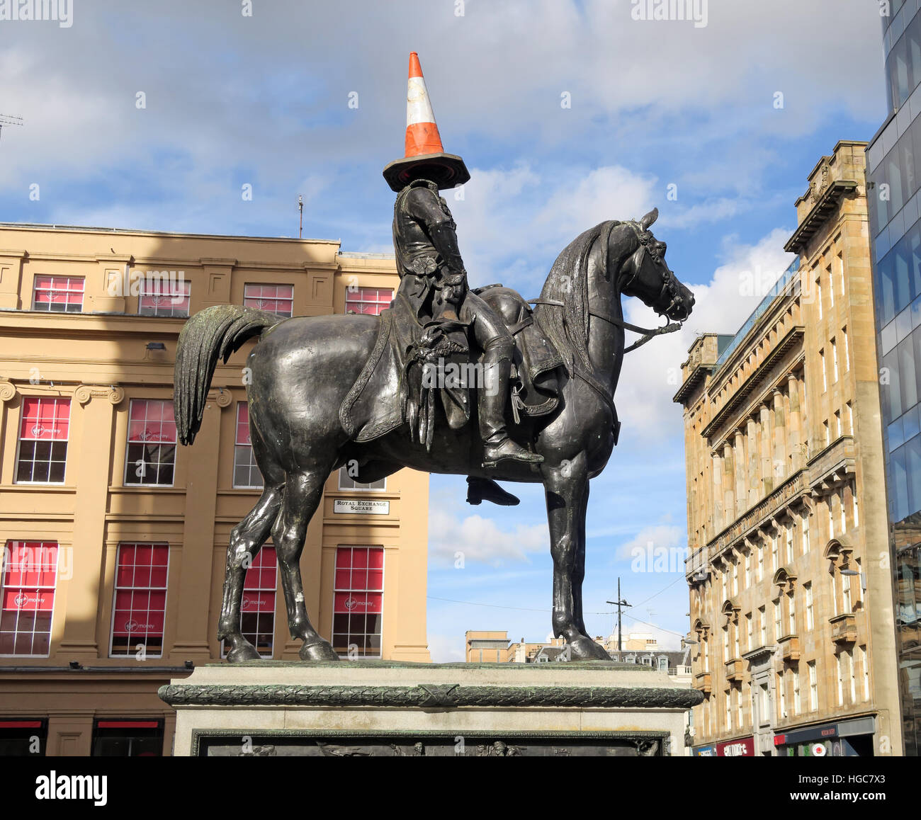 Equestrian statue of the Duke of Wellington, Glasgow, with traffic cone Stock Photo