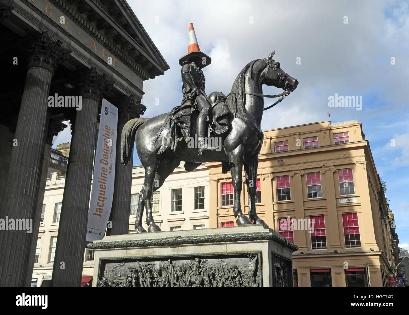Equestrian statue of the Duke of Wellington, Glasgow, with traffic cone Stock Photo