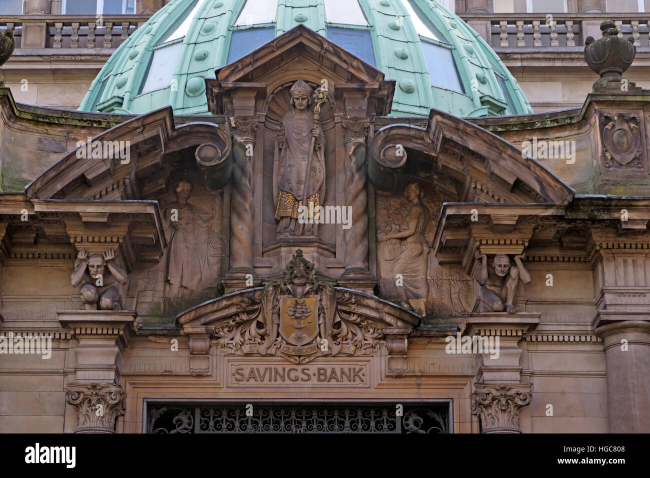 Savings bank with statue of Saint Mungo, Ingram St, Glasgow, City, Centre, Scotland, UK, G1 1DA Stock Photo