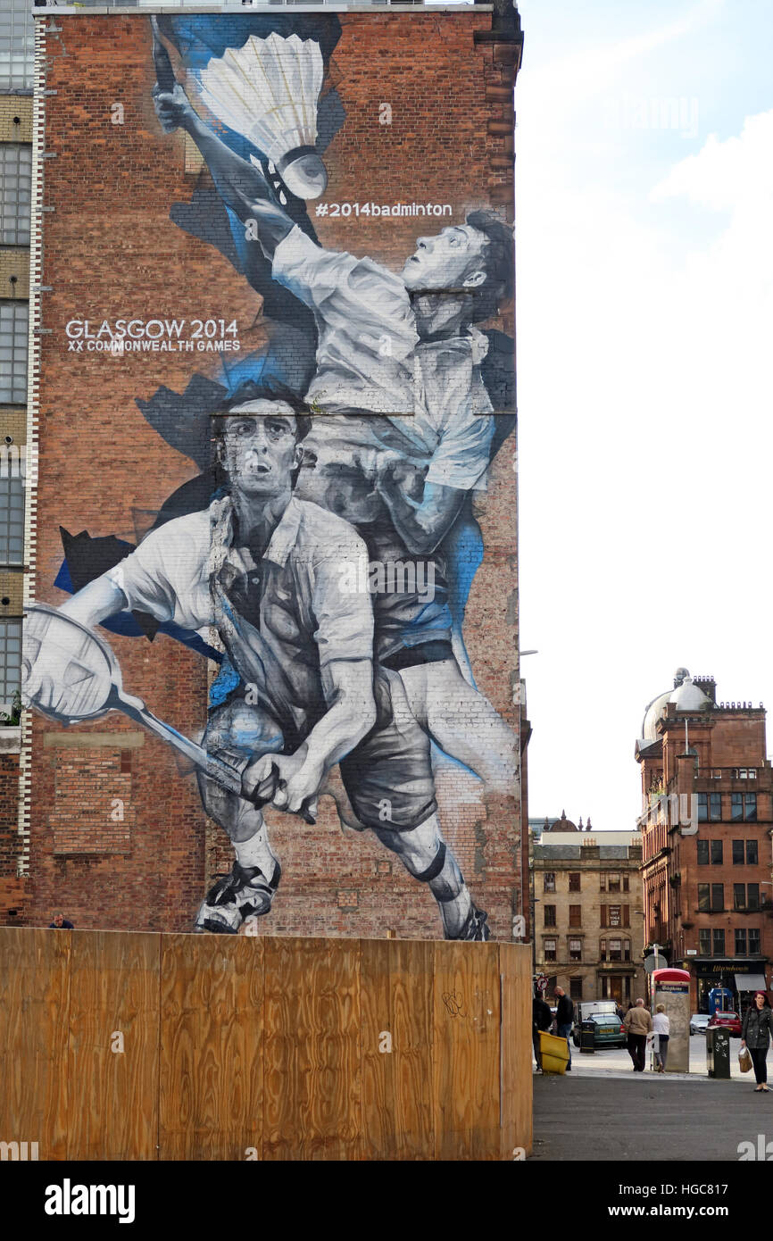 Glasgow commonwealth games 2014, Badminton mural, city centre, Scotland, UK, G1 1EJ Stock Photo