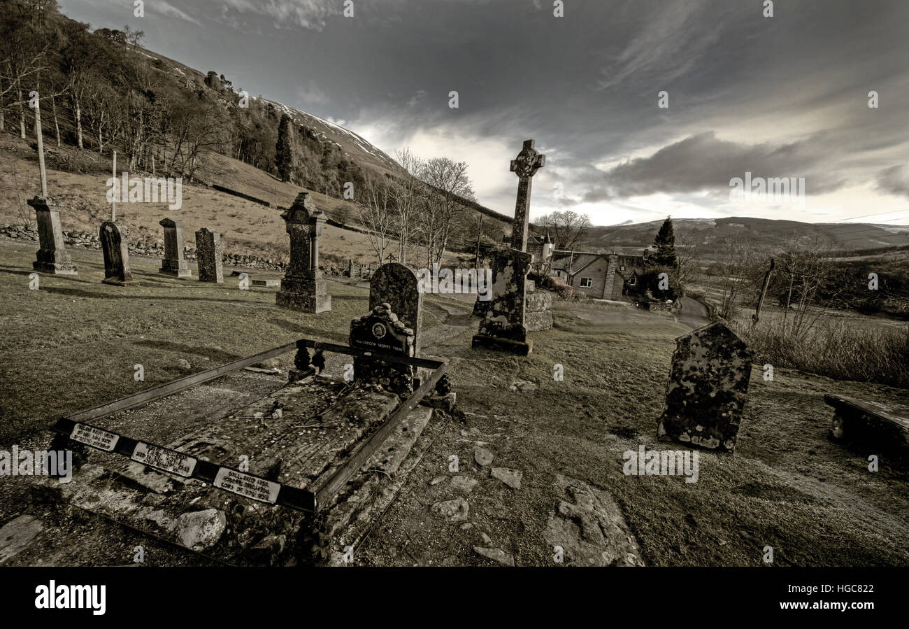 Balquhidder,Sterling,Scotland, UK - Rob Roy Red MacGregors resting place with dramatic sky Stock Photo