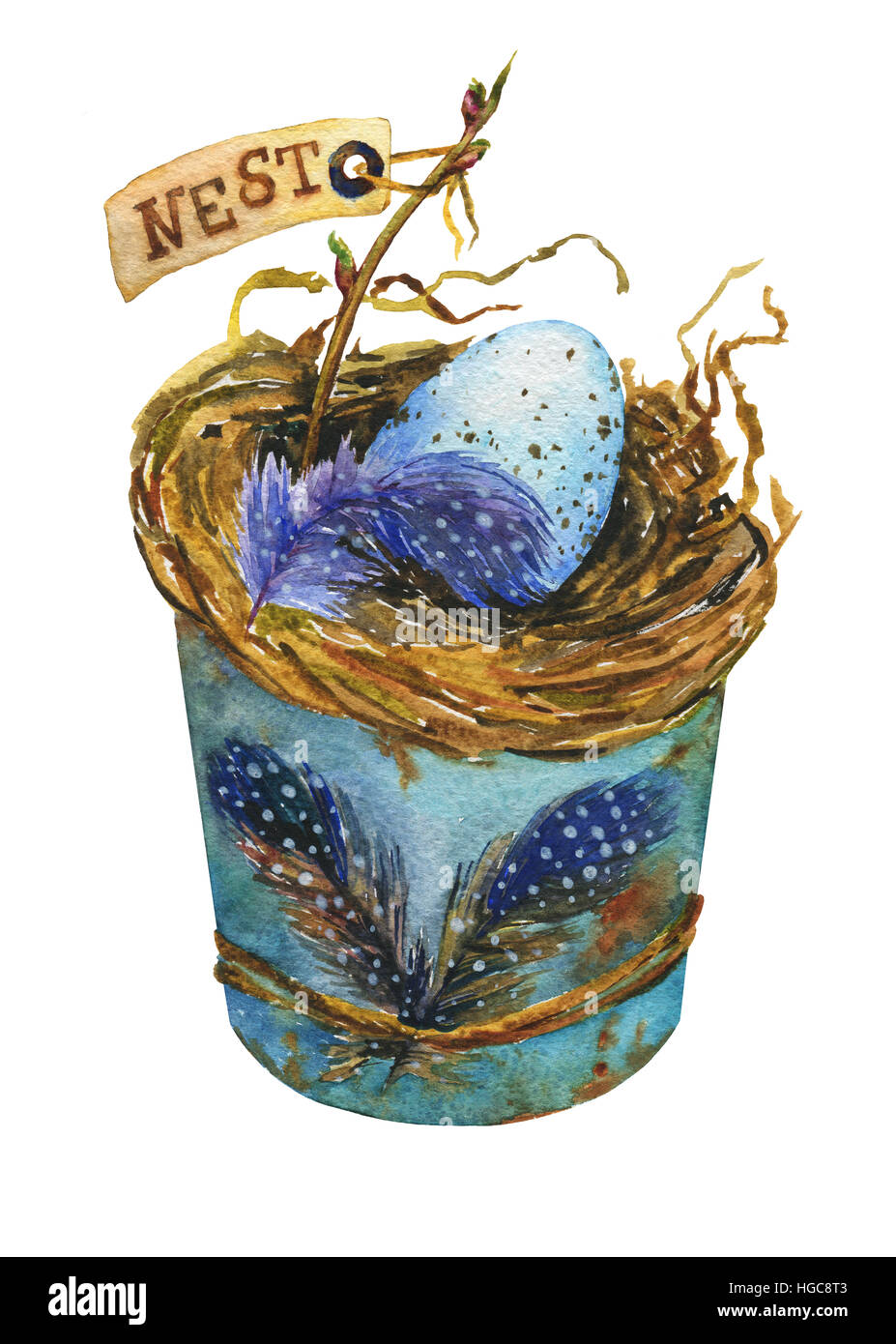Bird nest with blue eggs in a rusty metal buckets, home decor for ...