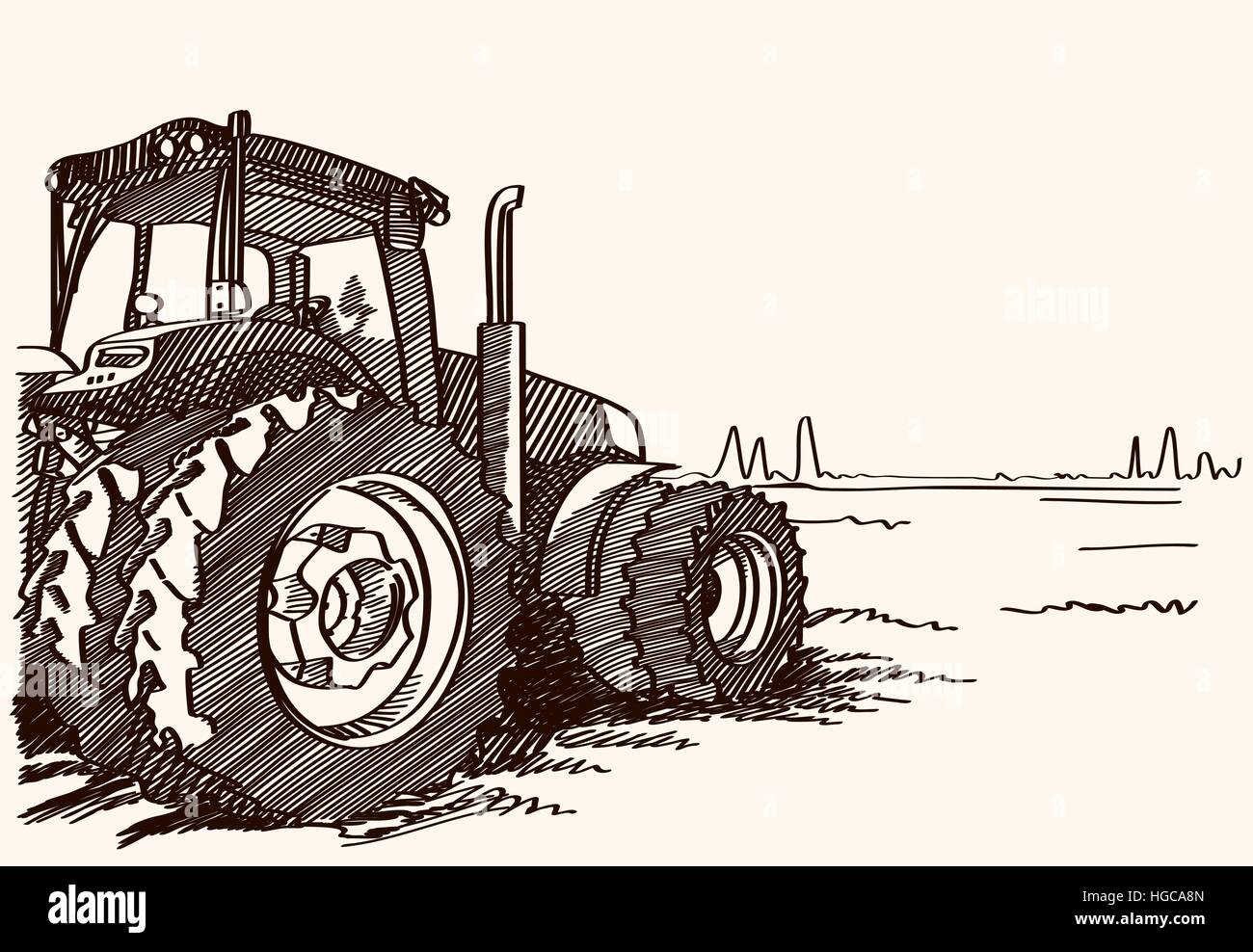 Tractor on a field. Vector freehand linear ink hand drawn icon picture ...