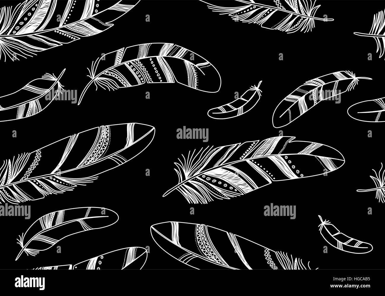 Seamless pattern with white contour feathers on a black background ...