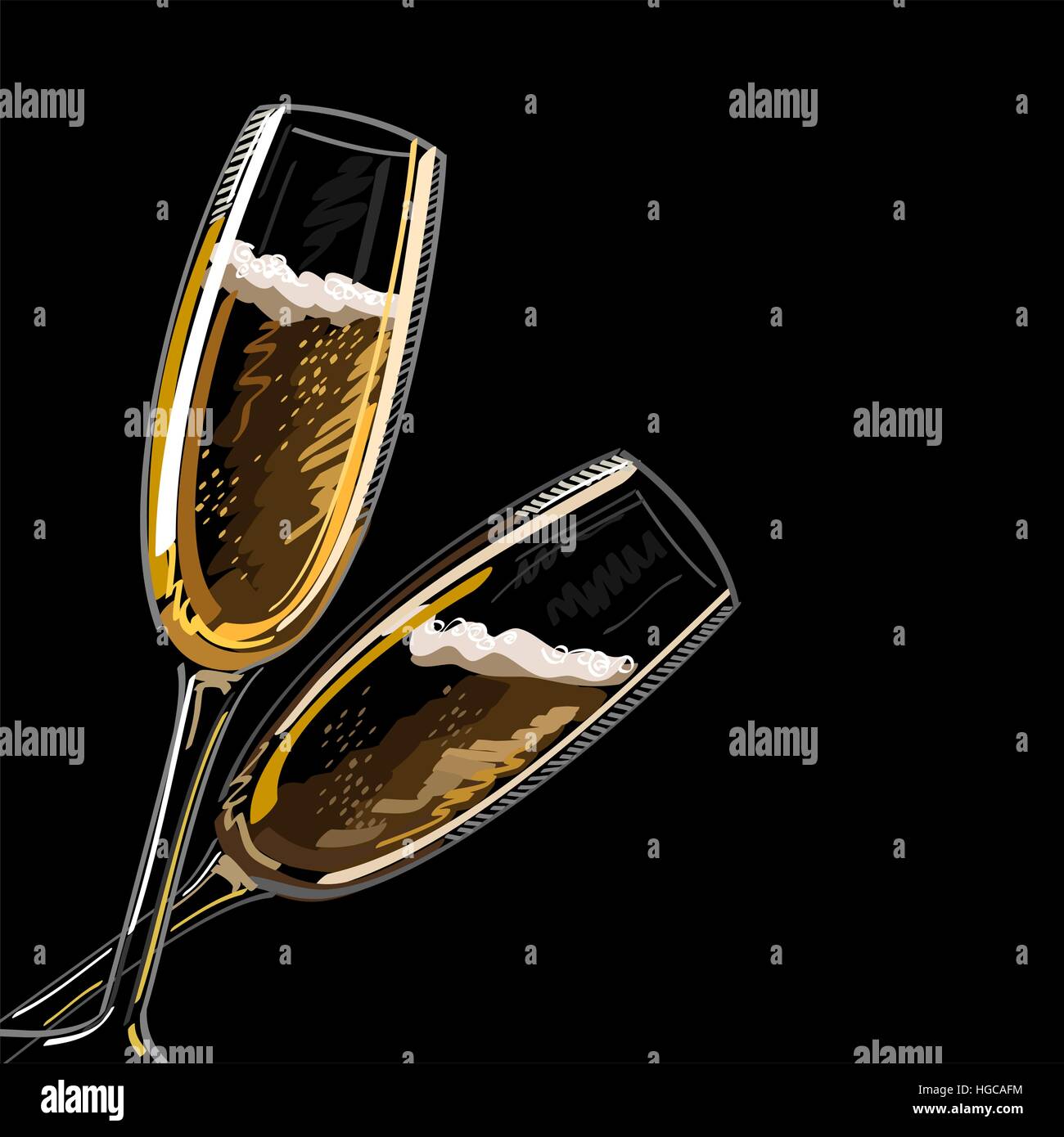 Two glasses with champagne, isolated on a black background, vector illustration. Stock Vector