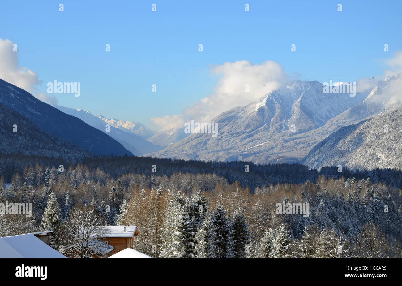 Snow-covered Mountains of the Marienberg (Biberwier), View from Obsteig in Tirol, Austria)  in Winter Stock Photo