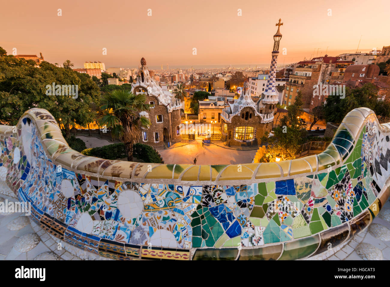 Park Guell with city skyline behind at sunset, Barcelona, Catalonia, Spain Stock Photo