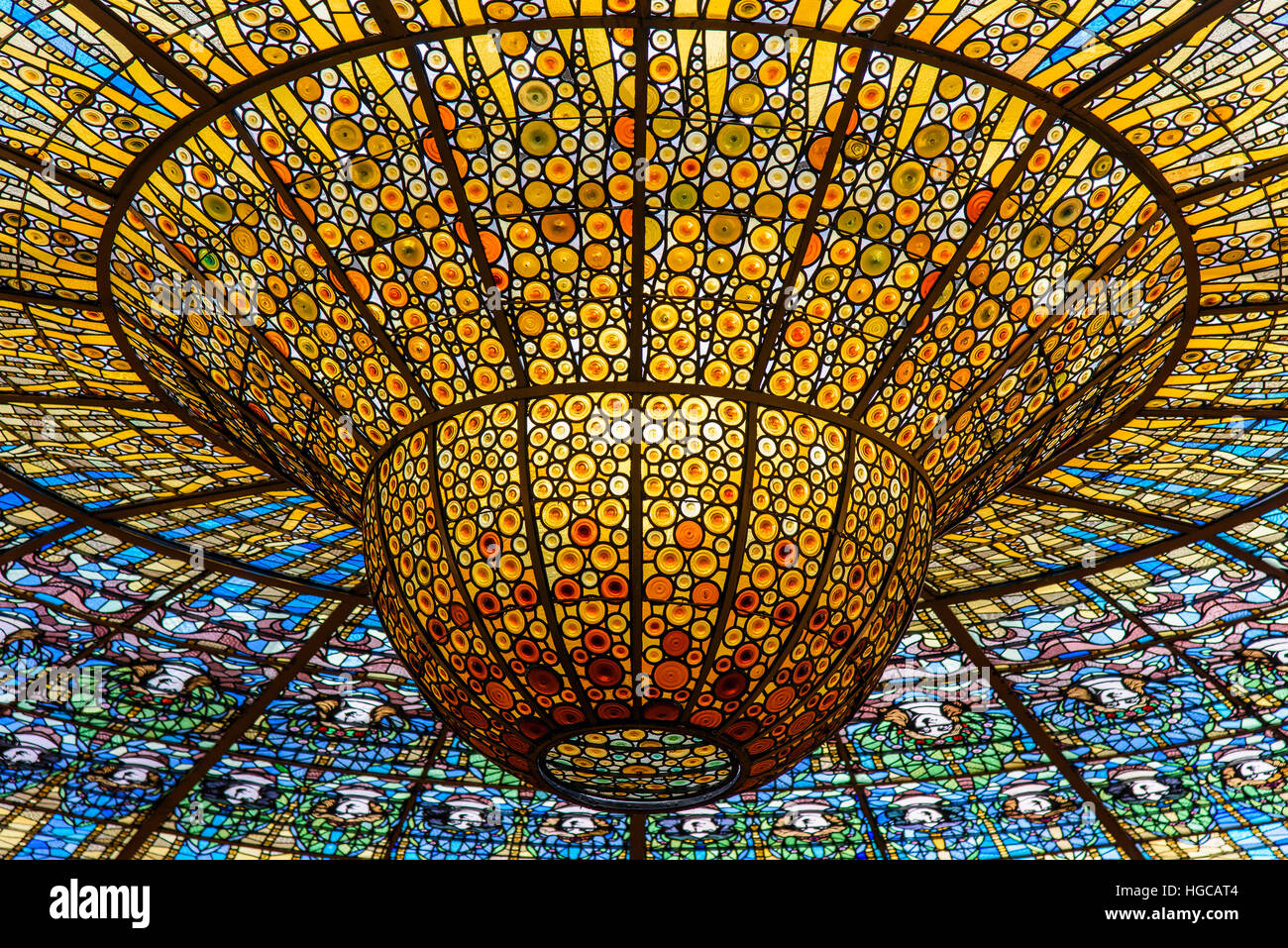 Stained glass skylight, Palau de la Musica Catalana or Palace of Catalan Music, Barcelona, Catalonia, Spain Stock Photo