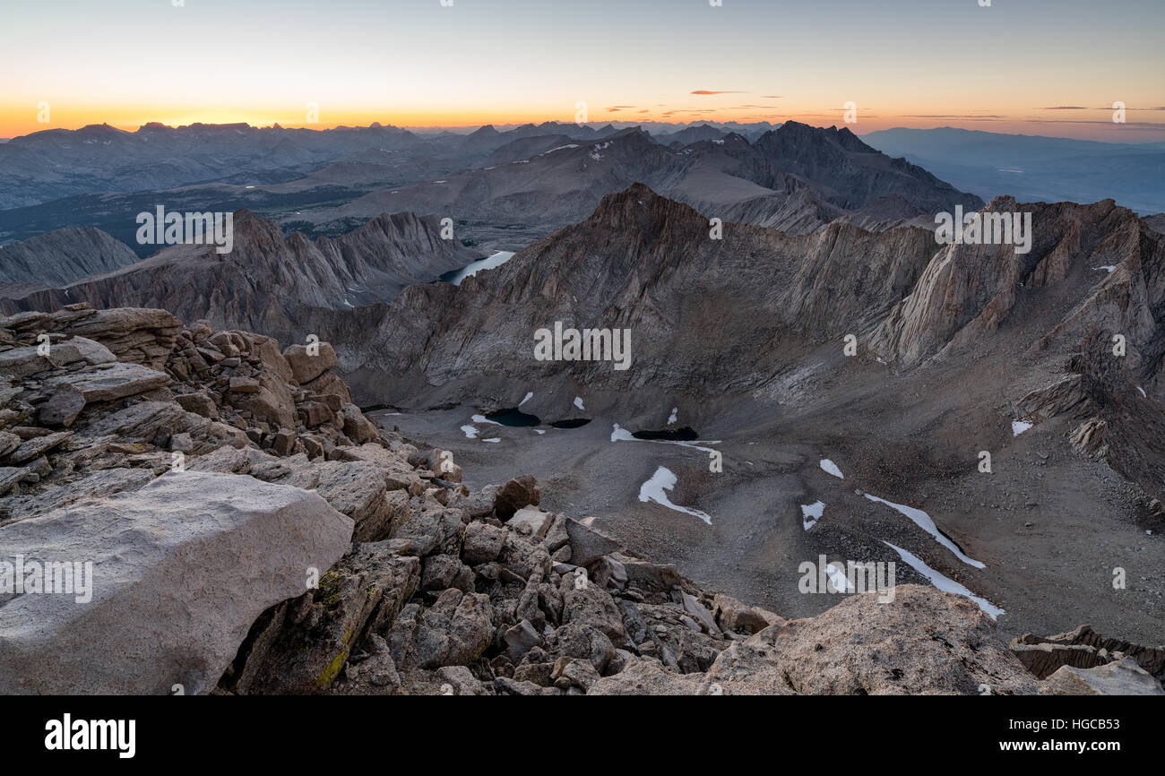 Dusk at the summit of Mount Whitney, Sequoia National Park, California, United States of America, North America Stock Photo