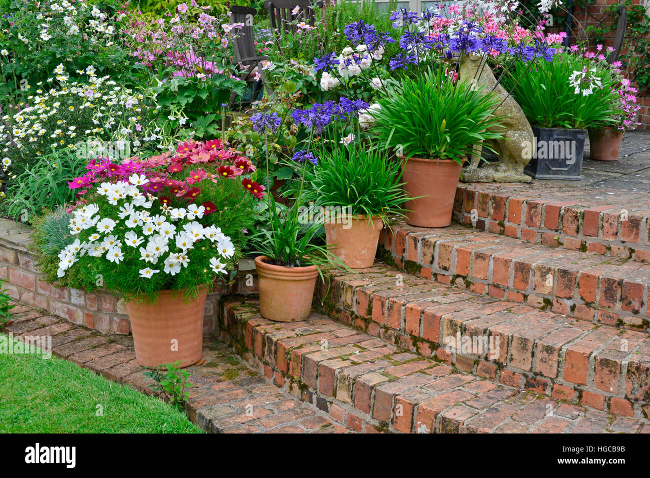 Colourful garden terrace with mixed flower beds and planted containers