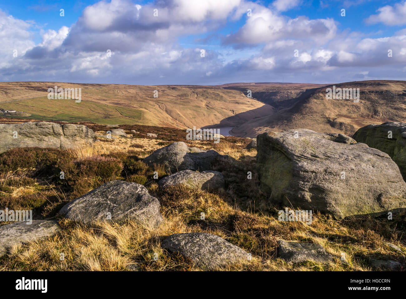 View from Alderman's Hill over looking Yeoman Hey Reservoir and Greenfield Reservoir. Stock Photo