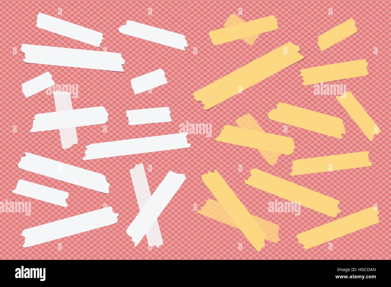 Colorful different size sticky paper, adhesive, masking tape are on squared gray background