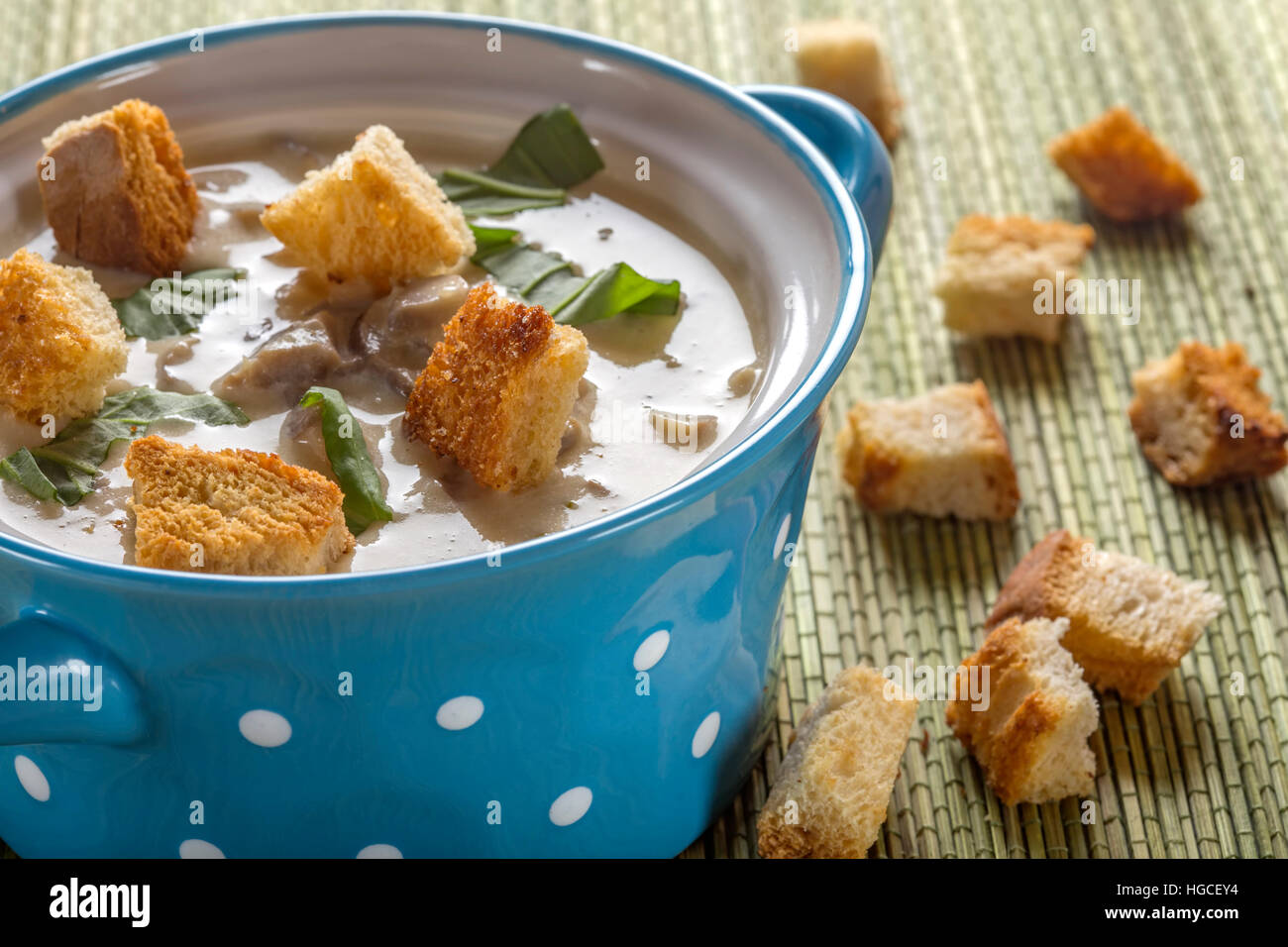 Mushroom cream soup in ceramic bowl and some croutons Stock Photo