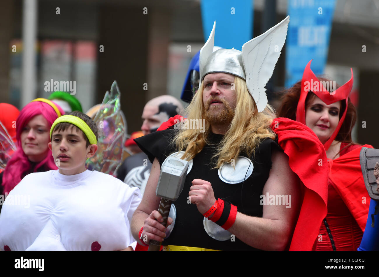 Calgary, Alberta, Canada, April 24 2014: Comic and Entertainment Expo Parade Thor of the Avengers cosplay dancing Stock Photo