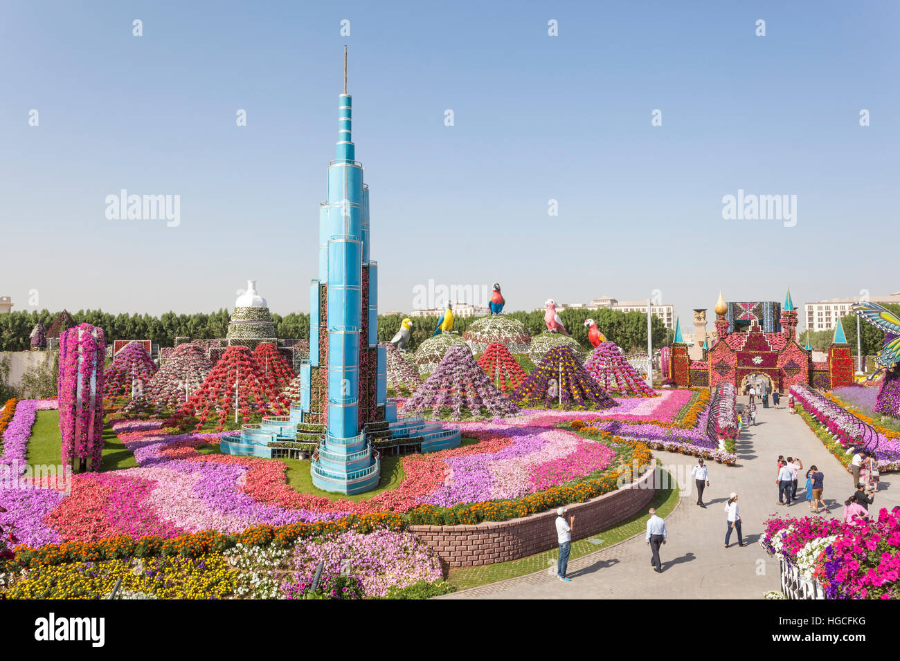 Burj Khalifa and millions of flowers at the Miracle Garden in Dubai Stock Photo