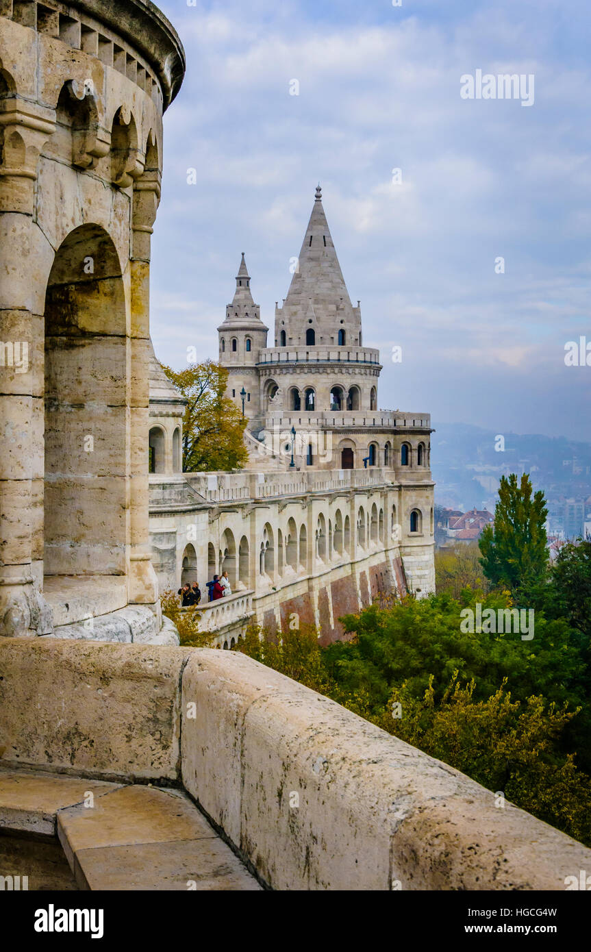 Fisherman's Bastion is neo-Gothic structure built on Castle Hill on the Buda side of Budapest, Hungary. Stock Photo
