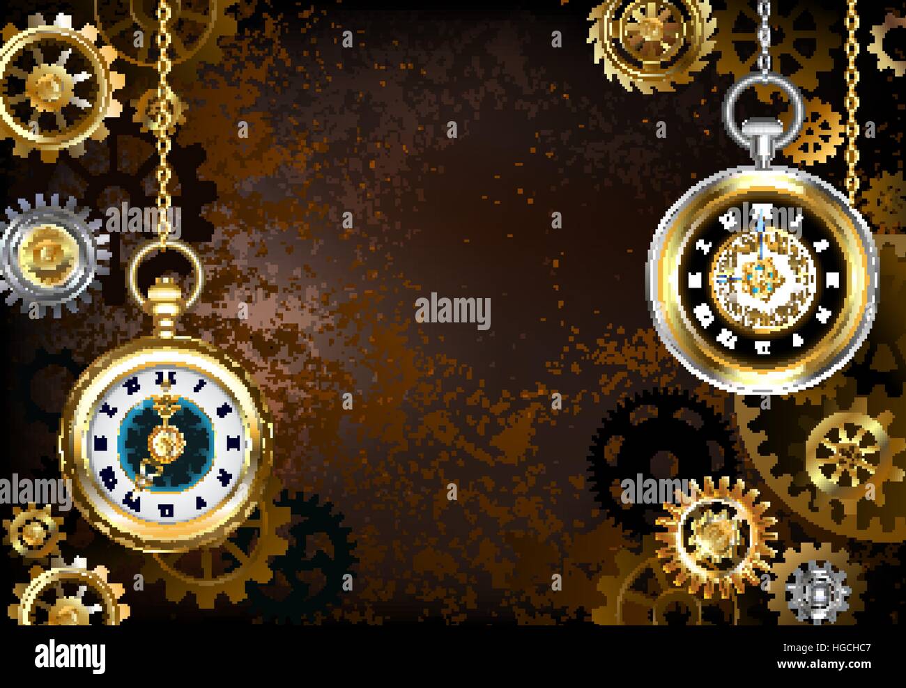 Brown, rusty, textured, stimpankovsky background with brass and gold gears with antique gold watch. Steampunk style. Stock Vector