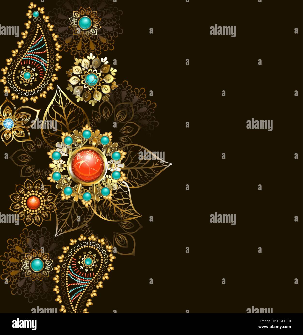 Ethnic pattern of gold and bronze, decorated with turquoise and jasper on a dark background. Jewelry Design.  Boho Style. Stock Vector